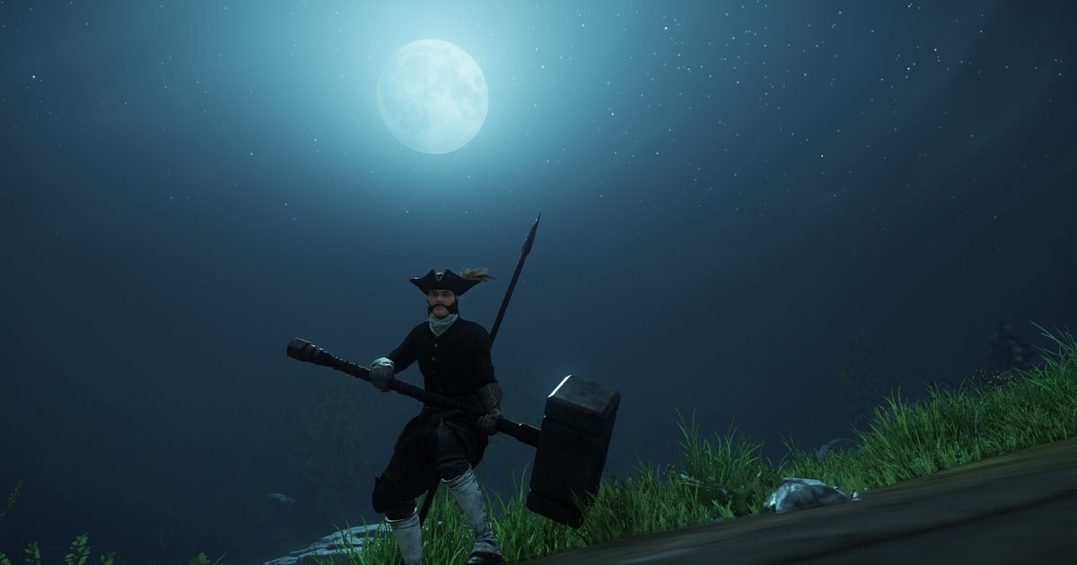 A player using a war hammer ,posed in front of the full moon.