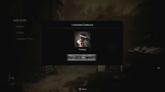 Image of the Pinstripe Suit unlock screen in Resident Evil 4 remake.