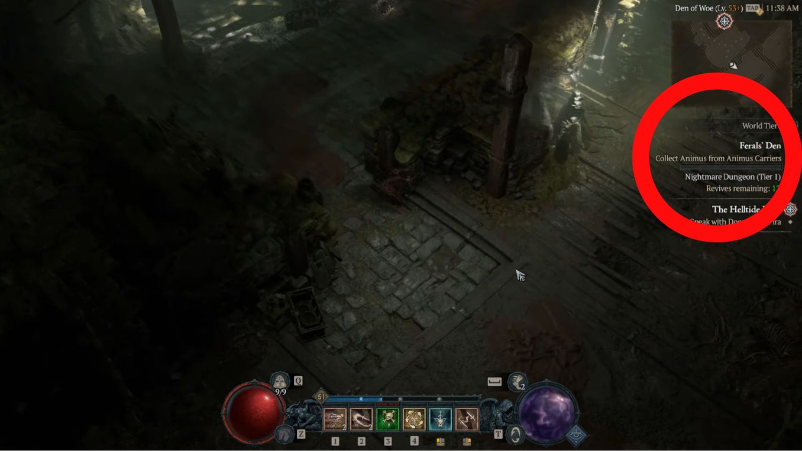 A screenshot of the Feral's Den quest with Collect Animus objective in Diablo 4.