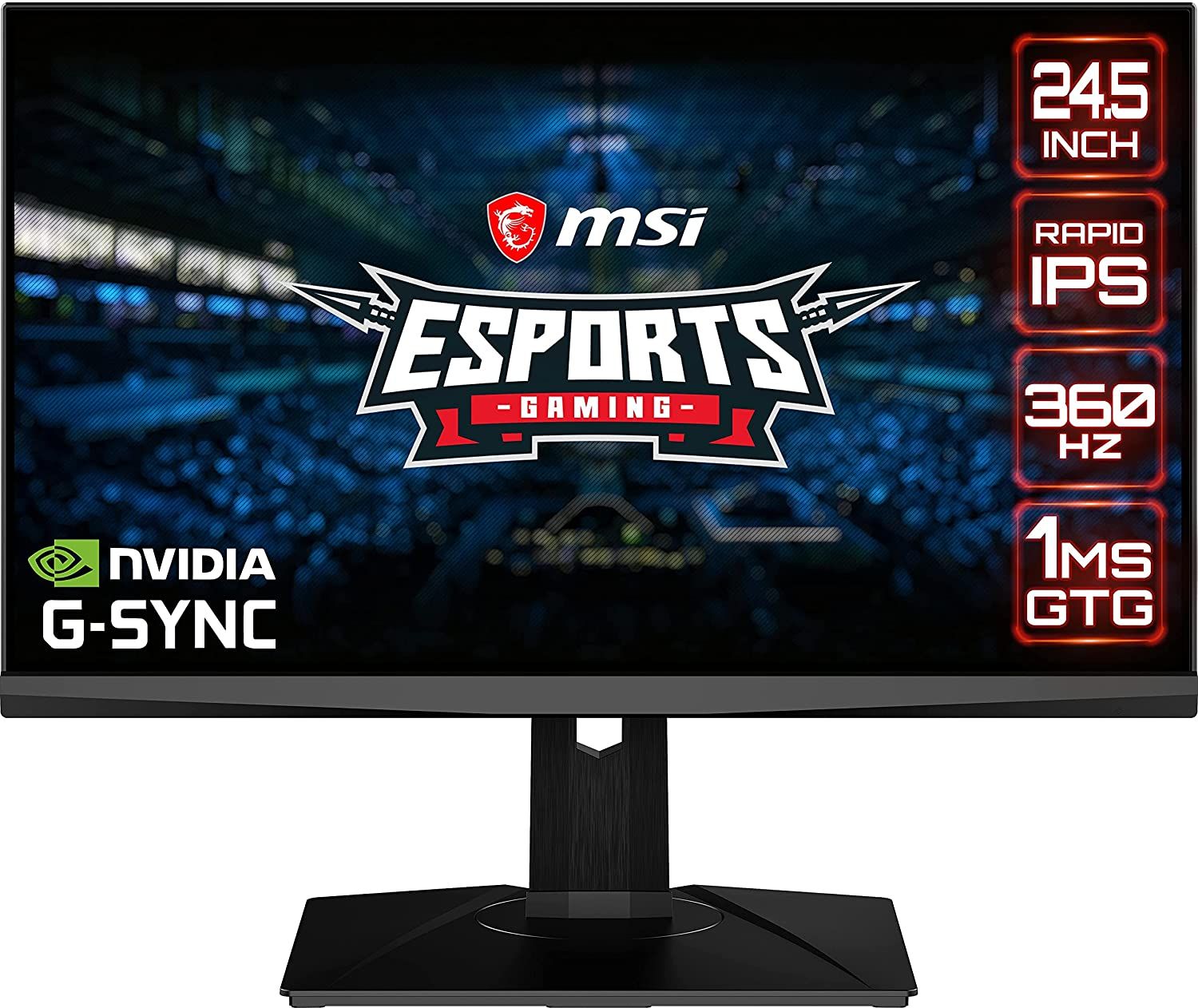 MSI Oculux NXG253R product image of a black monitor with MSI esports branding in red and white on the display.