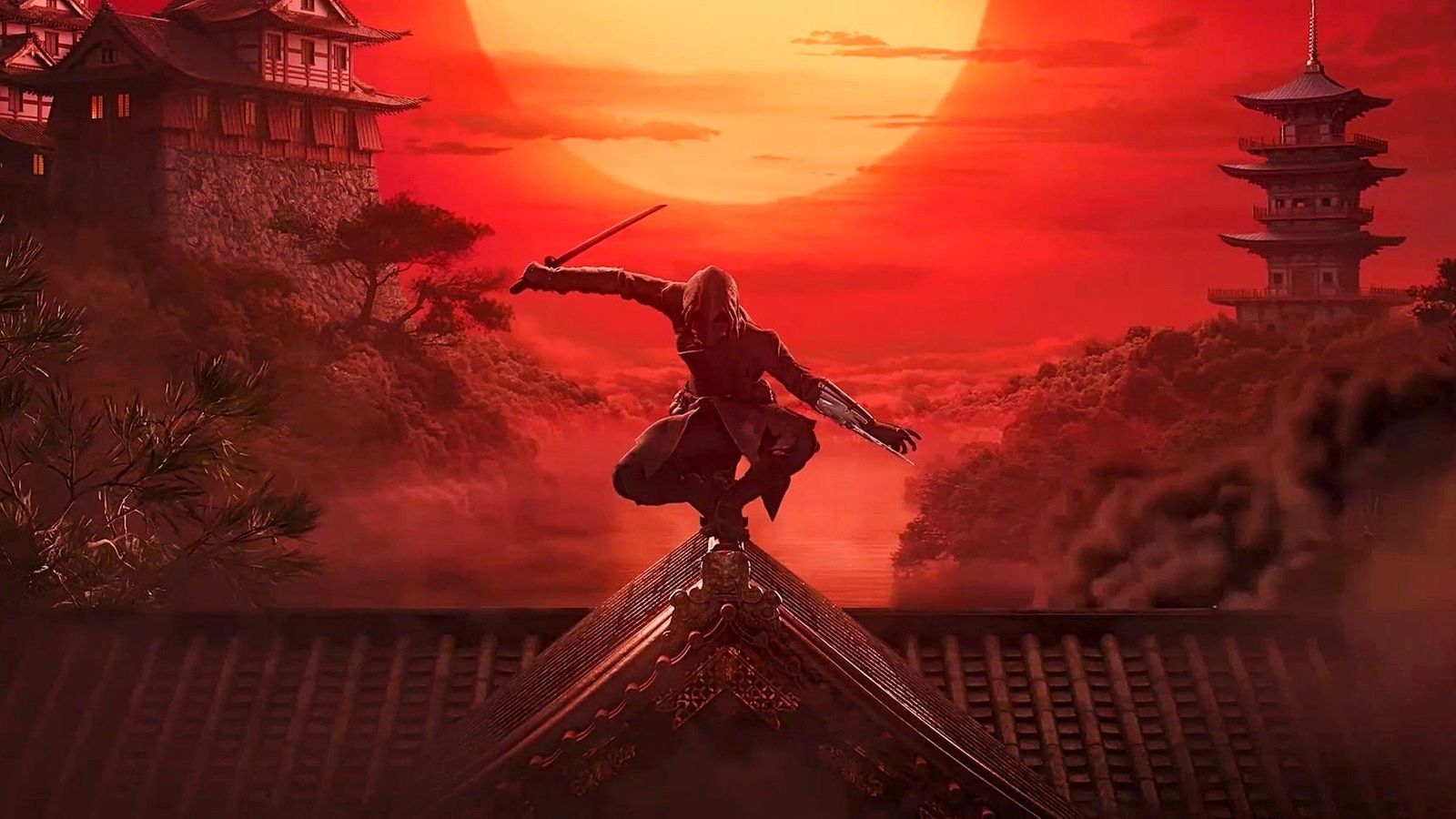 Key art for Assassin's Creed Shadows showing a feminine Assassin posing on the roof of a Japanese-styled building with the setting sun in the background.