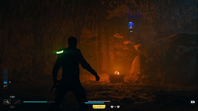 Screenshot showing Star Wars Jedi Survivor in a cave on the planet Koboh
