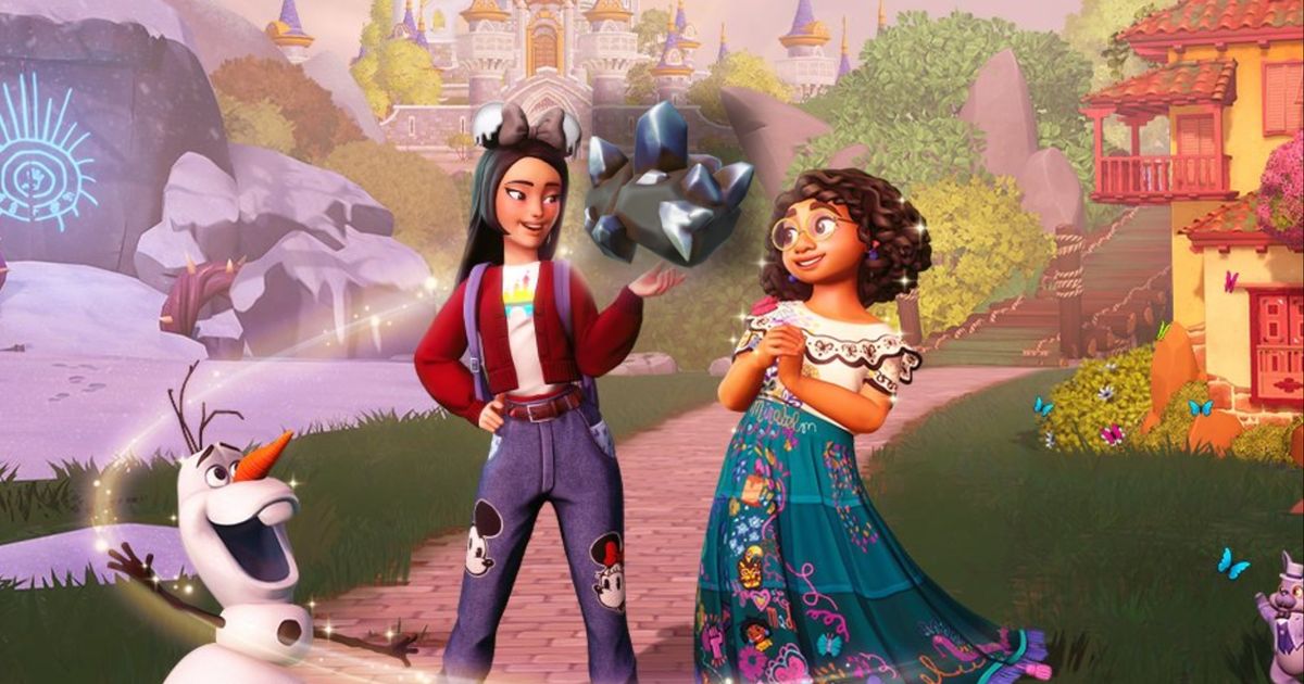 Disney Dreamlight Valley player character holding a chunk of iron ore while Olaf and Mirabel Madrigal watch in awe