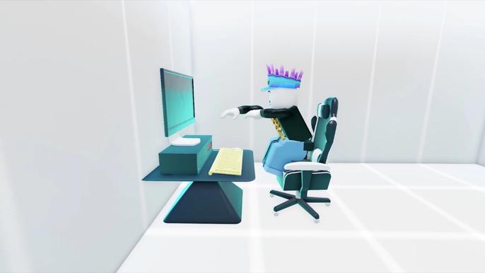 Screenshot from YouTube Simulator X, showing a Roblox sprite working at a computer