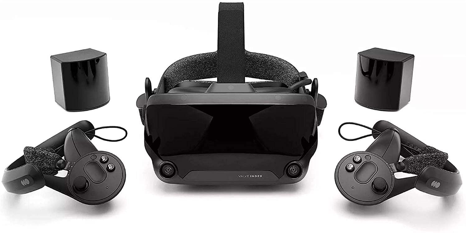 Valve Index product image of a black VR headset next to two black controllers and cameras.