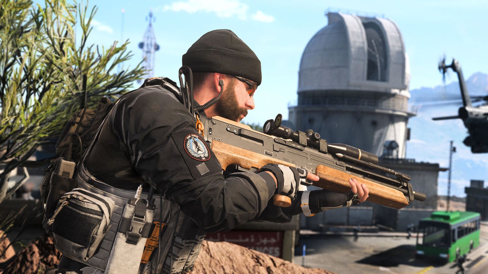 Call of Duty Captain Price carrying sniper rifle with Zaya Observatory in background