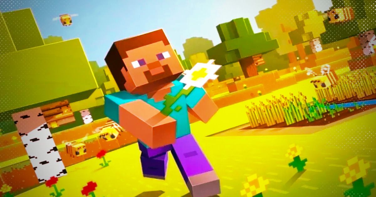 a minecraft character is holding a flower in his hand .