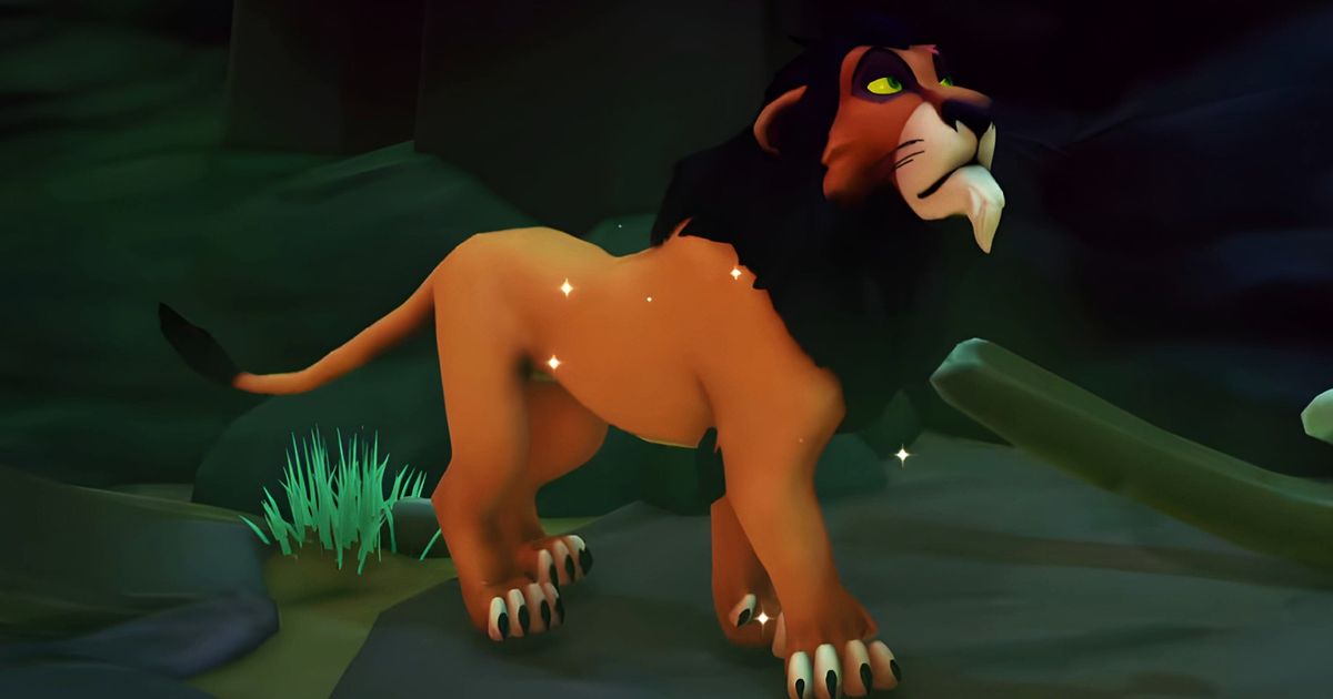 Dreamlight Valley - animated lion "Scar" stood on a rock in a cave