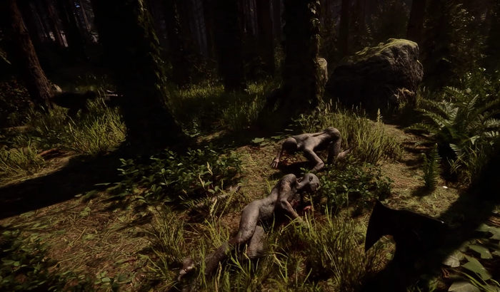 The character is somewhere in the forest next to the dead bodies in Sons of the Forest.