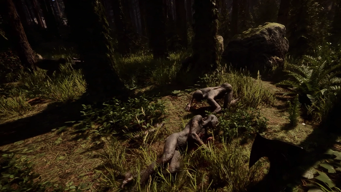 The character is somewhere in the forest next to the dead bodies in Sons of the Forest.
