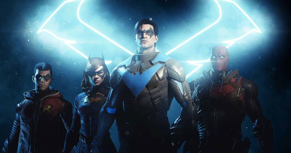 Image of Robin, Batgirl, Nightwing, and Red Hood in Gotham Knights.