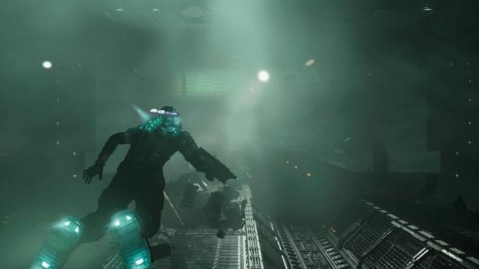 Issac Clarke, protagonist of the Dead Space series, floats in zero-gravity through the USG Ishimura.