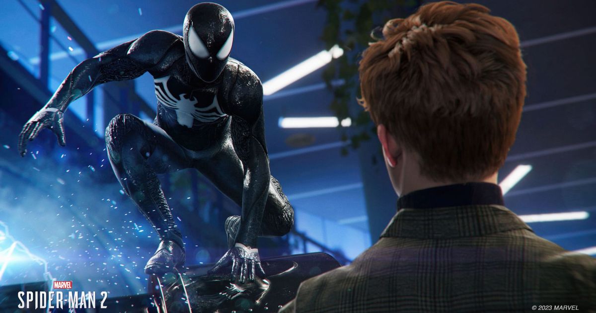 Spider-Man in a black suit talking to Harry Osborn in Spider-Man 2