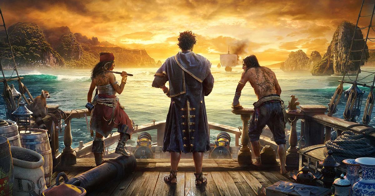 Skull and Bones players standing on ship looking out to sea