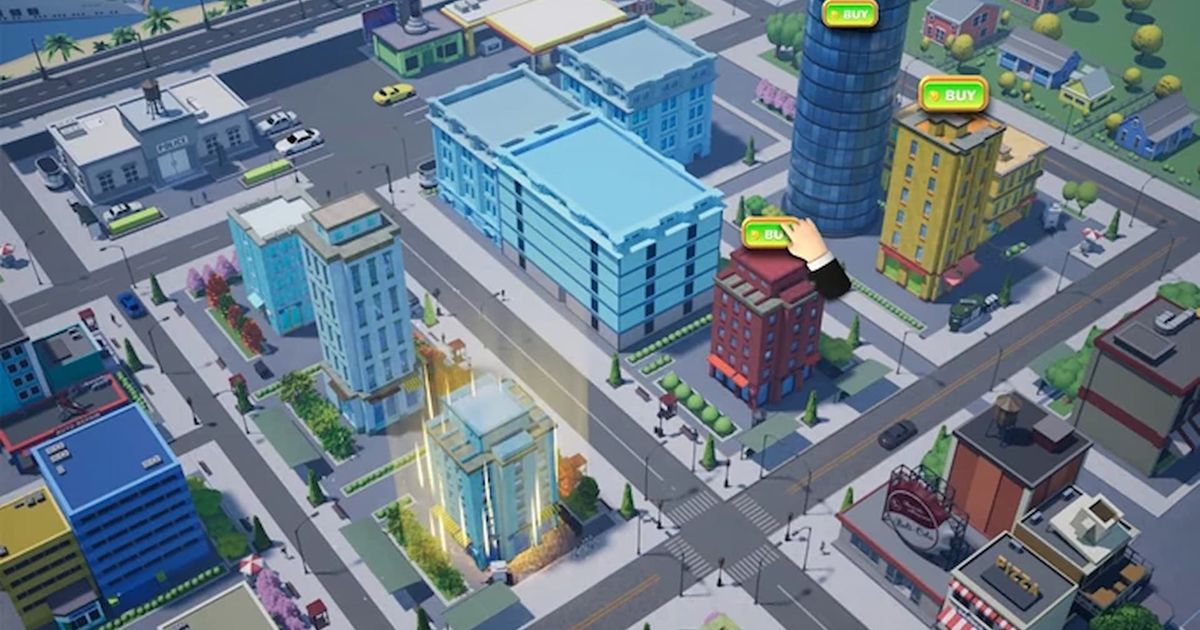 A city skyline in Idle Office Tycoon.