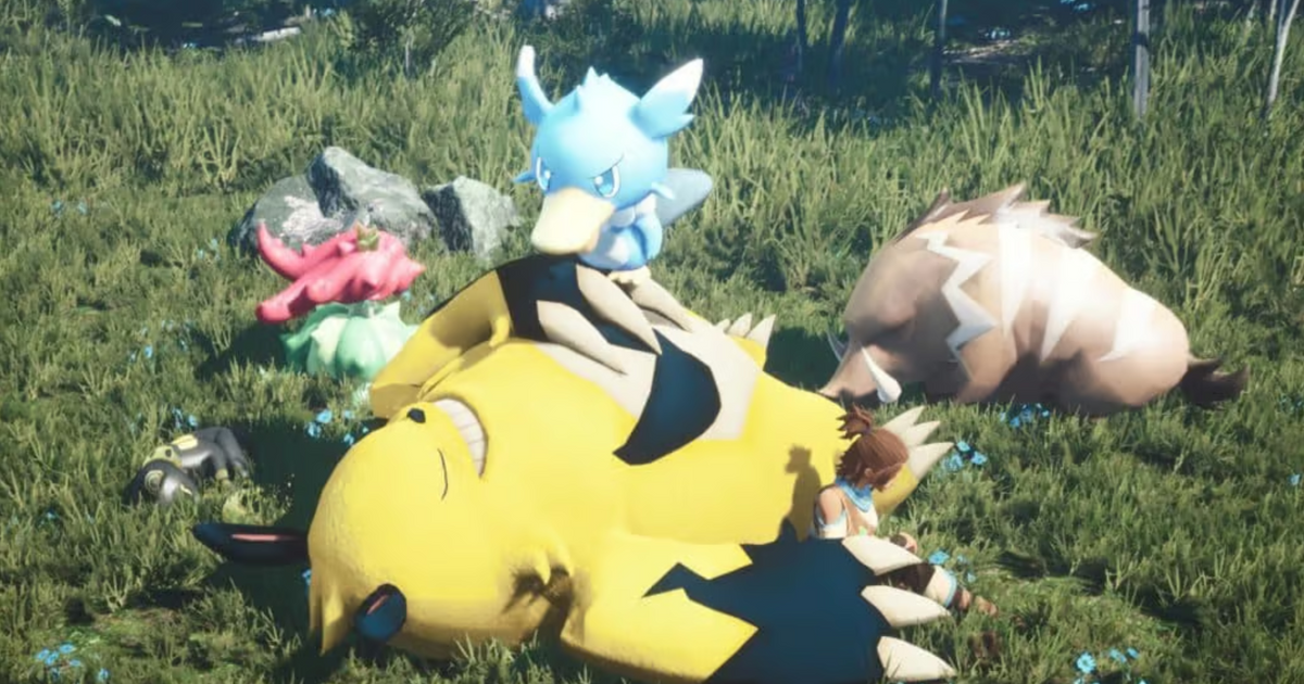 palworld fluffy pals sleeping on top of each other like beds on top of grass