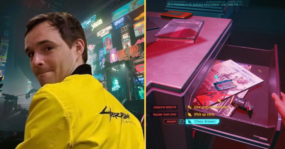 cyberpunk 2077 yellow jack man looking back and easter egg drawer on right side