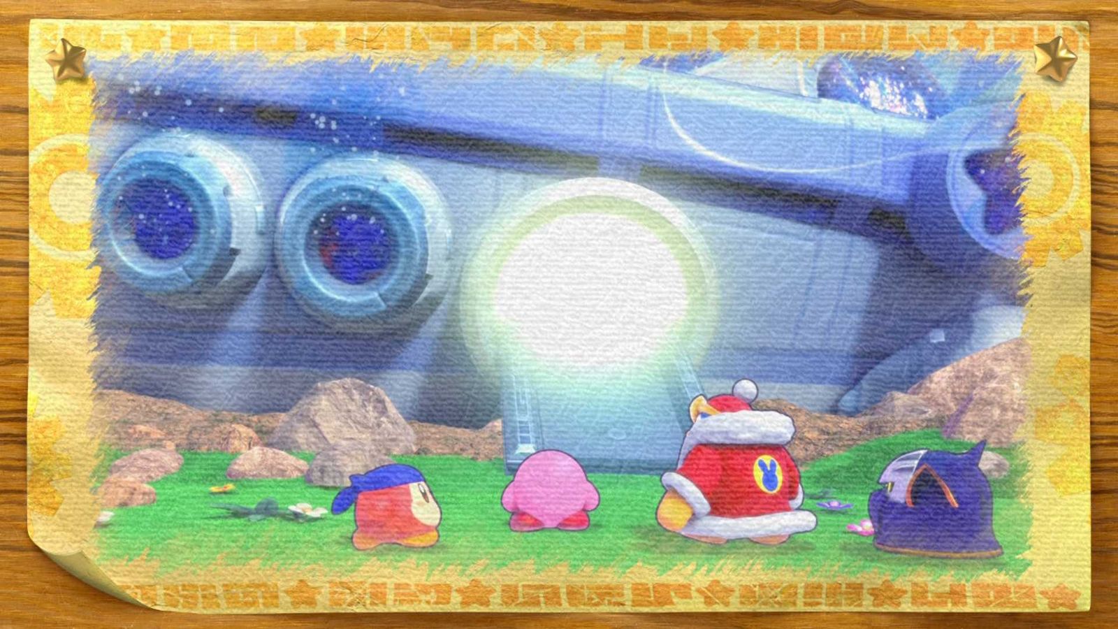 Kirby and his friends approaching a spaceship in Kirby's Return to Dream Land Deluxe.