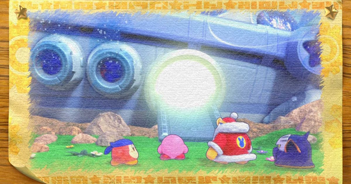 Kirby and his friends approaching a spaceship in Kirby's Return to Dream Land Deluxe.
