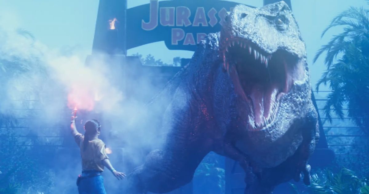 A Jurassic Park Survival screenshot showing an InGenn scientist facing off against a T-Rex in the rain  
