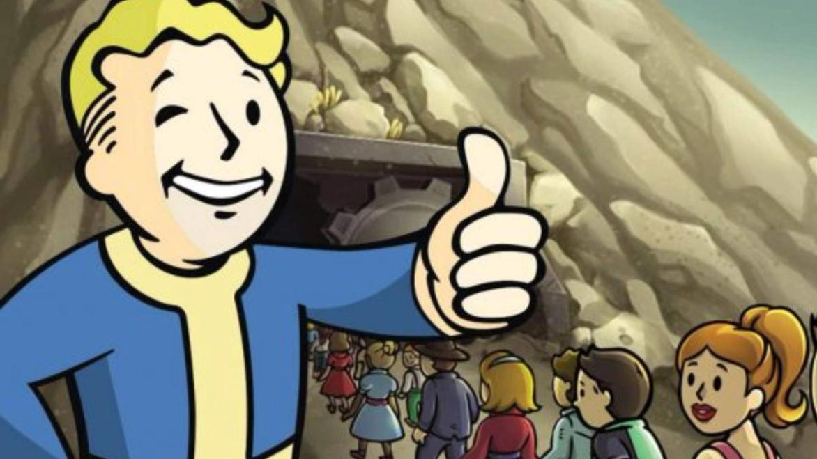 Vault Boy holding his thumb up as civilians enter the Fallout Shelter