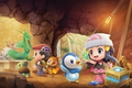 Two Pokemon Trainers are with starters Piplup, Turtwig, and Chimchar in the Grand Underground of Pokémon Brilliant Diamond and Shining Pearl.