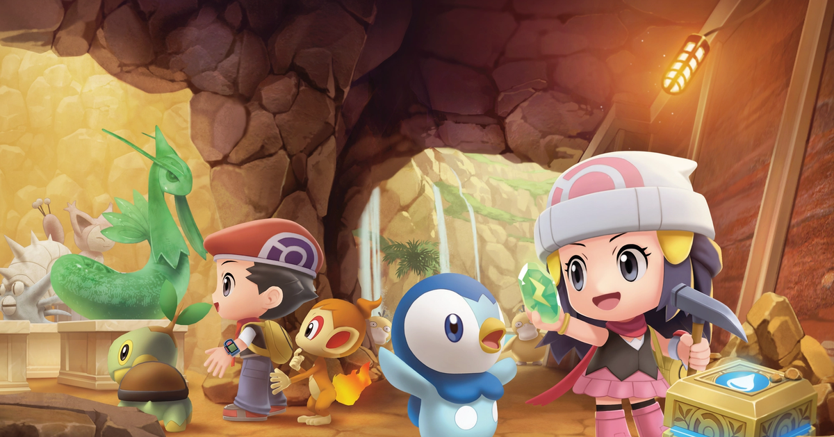 Two Pokemon Trainers are with starters Piplup, Turtwig, and Chimchar in the Grand Underground of Pokémon Brilliant Diamond and Shining Pearl.