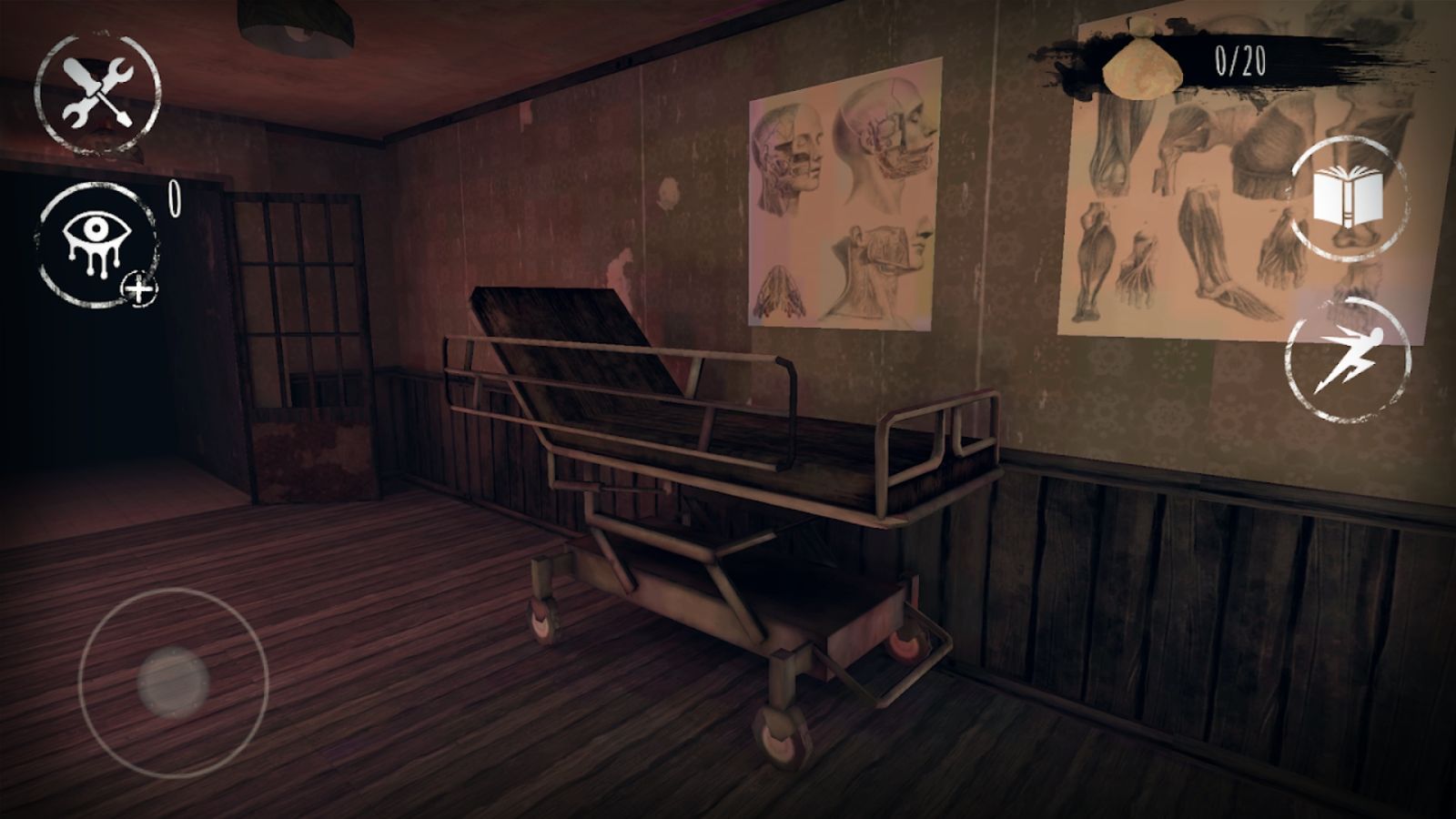 Screenshot from Eyes, showing a haunted hospital room with diagrams of skeletons on the wall