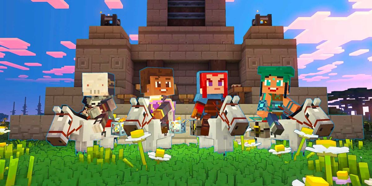 A group of characters on horseback together in Minecraft Legends.