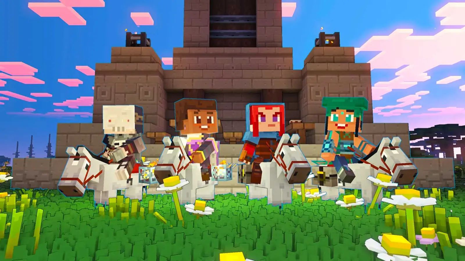 Multiple characters in Minecraft Legends.