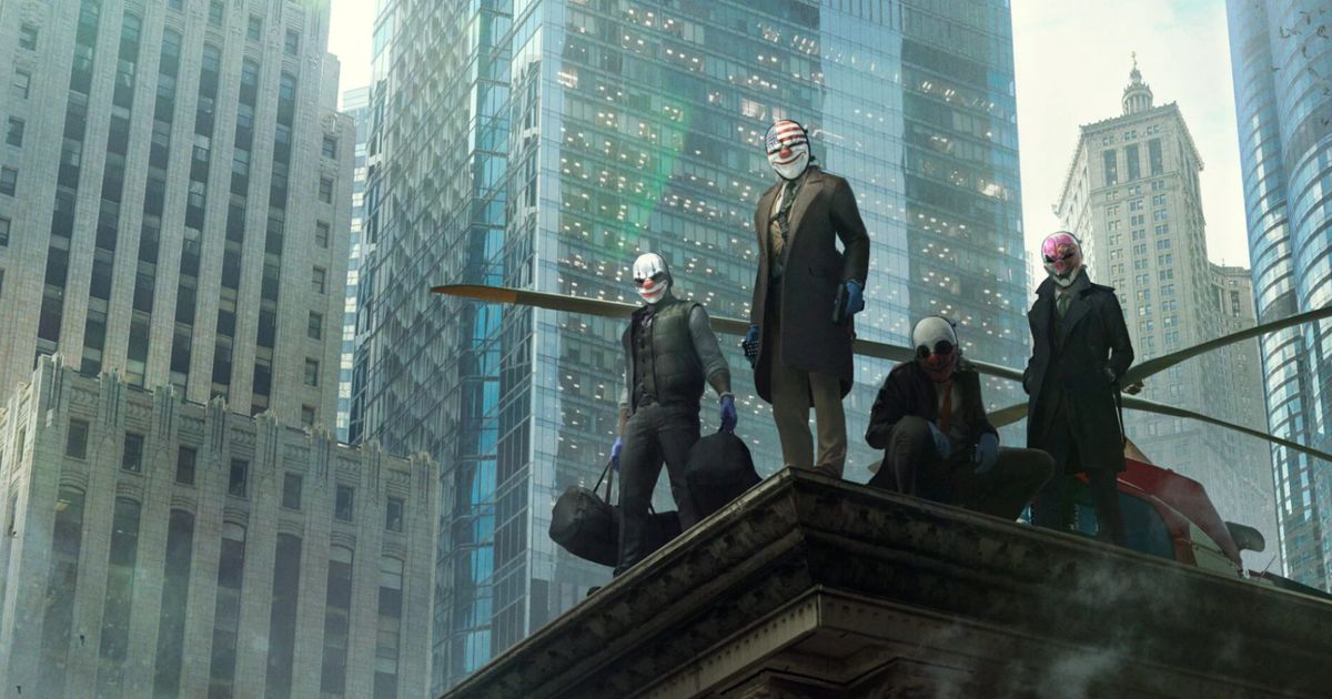 The Payday crew standing atop a building with a helicopter behind them