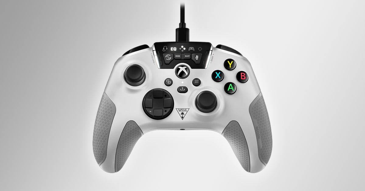 A white, gray, and black Turtle Beach wired controller in front of a gradient gray background.