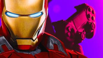 A close up of Iron Man next to a PS4. Controller 