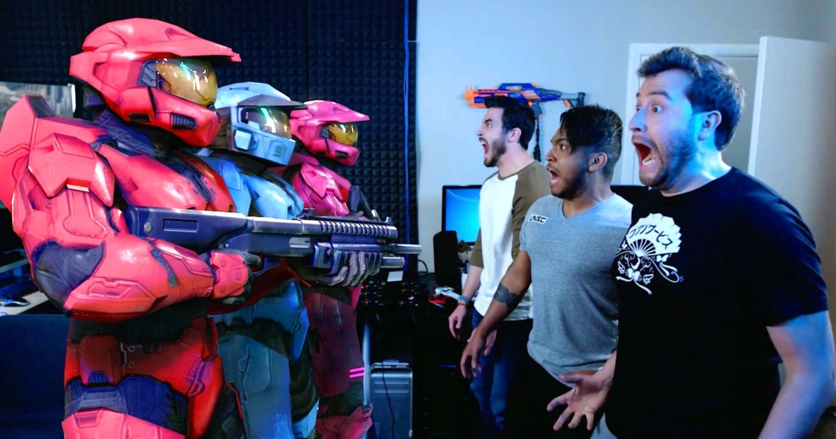 Rooster Teeth vs Red vs Blue showing the show's spartans coming head to head with their live action counterparts