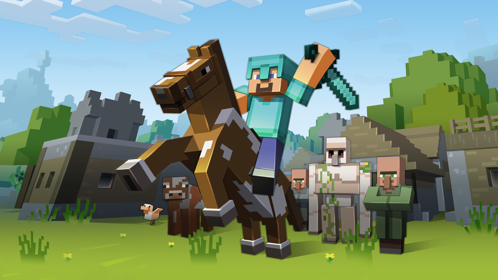 A knight on a horse with a sword in Minecraft