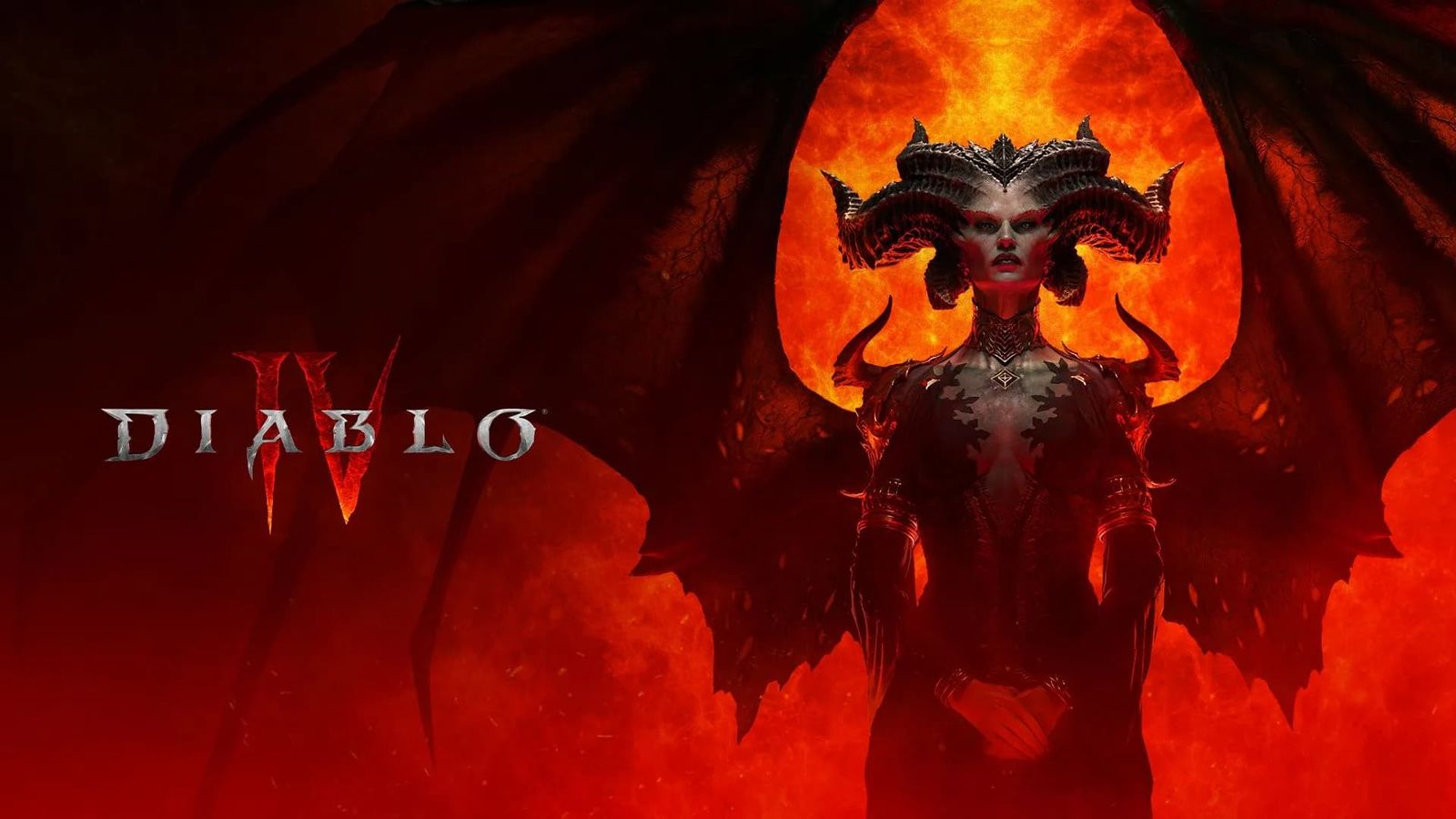 The title screen of Diablo 4, showing the primary antagonist, Lilith.