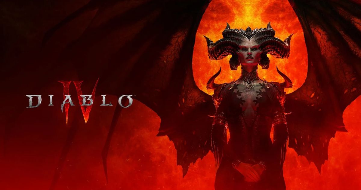 The title screen of Diablo 4, showing the primary antagonist, Lilith.