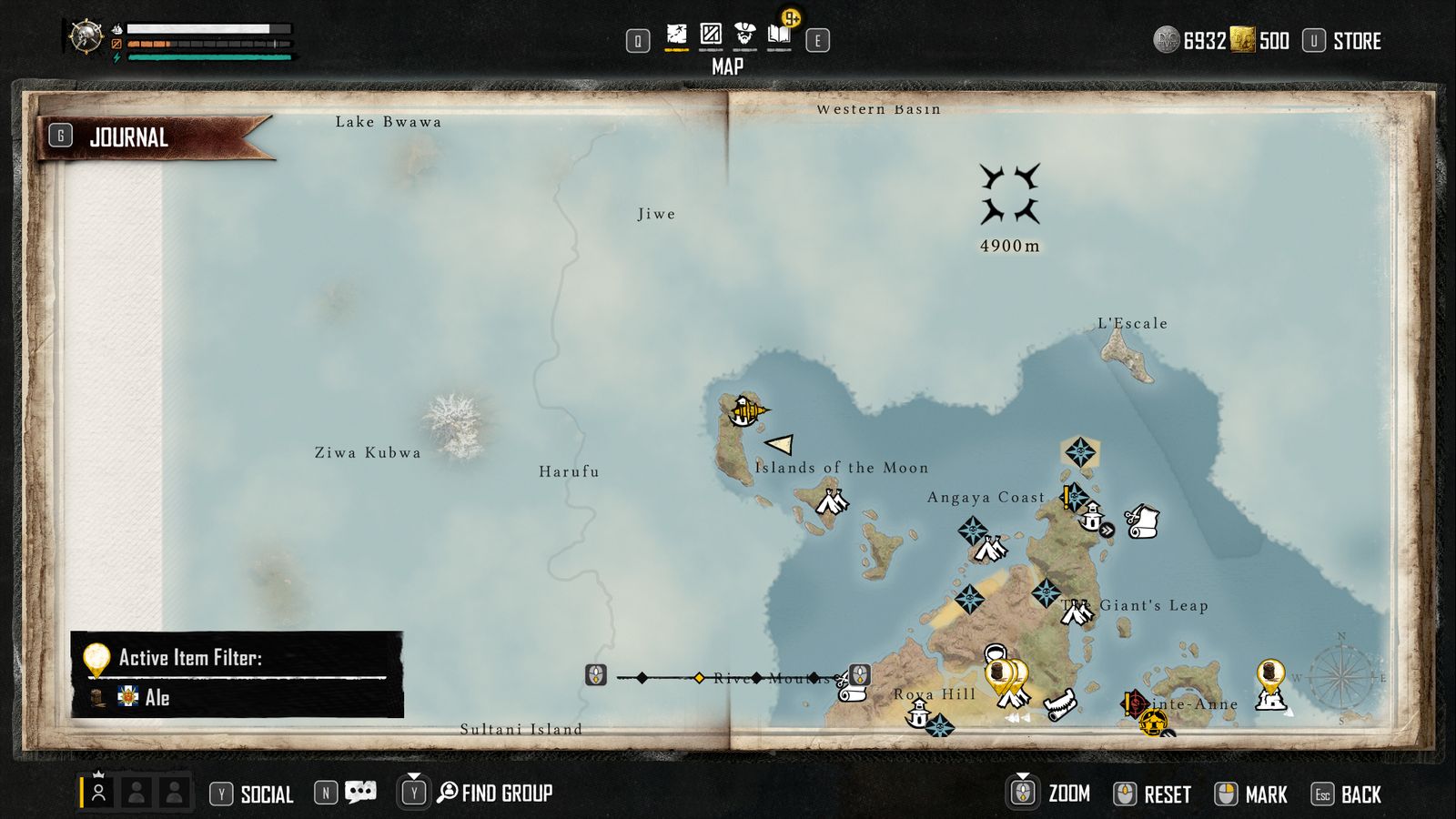 Screenshot of Skull and Bones map pointing towards specific location