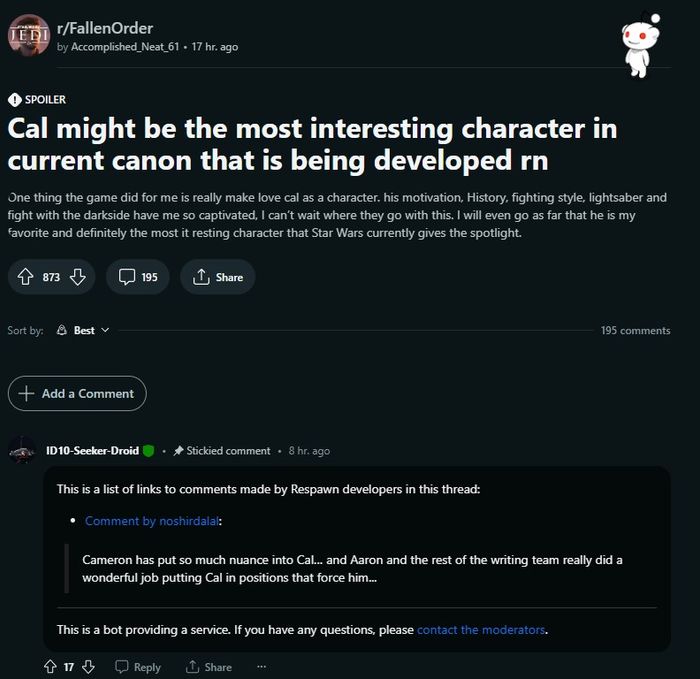 The thread in the subreddit r/fallenorder.
