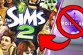 The Sims 2 logo on the left, being pointed to by an arrow. On the right is a crossed-out logo from The Sims Project Rene.