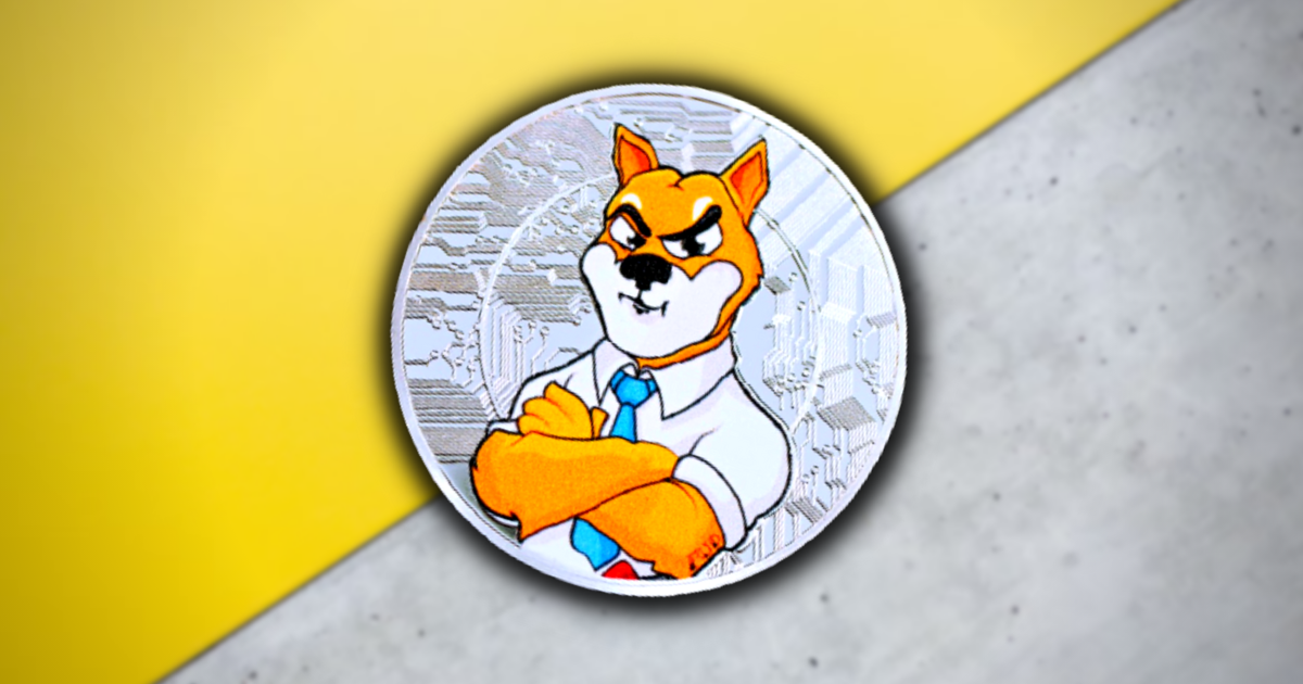 Image of silver coin with Shiba Inu dog on the front, against a yellow and grey background