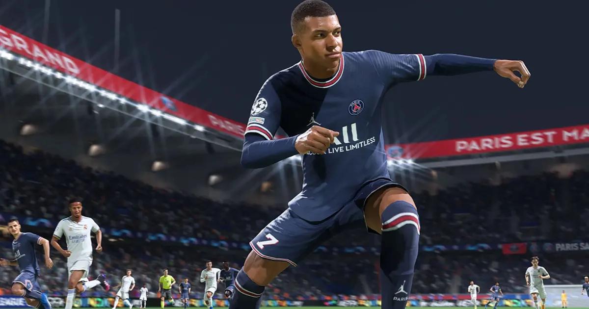 EA Sports FC 24 Mbappe running from opponent in background