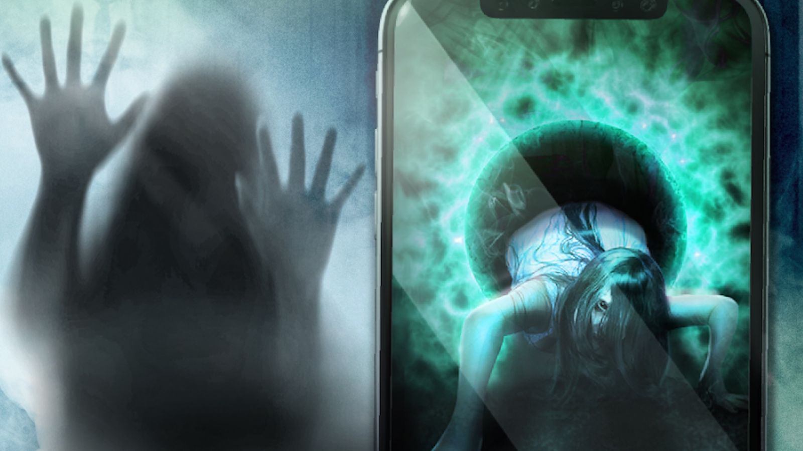 Screenshot from The Sign, showing a haunted ghost girl crawling out of a phone screen