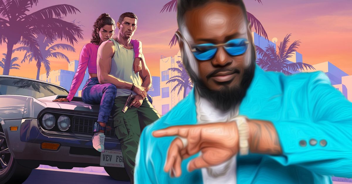 T-Pain in GTA art style next to the GTA 6 cover art of Jason and Lucia