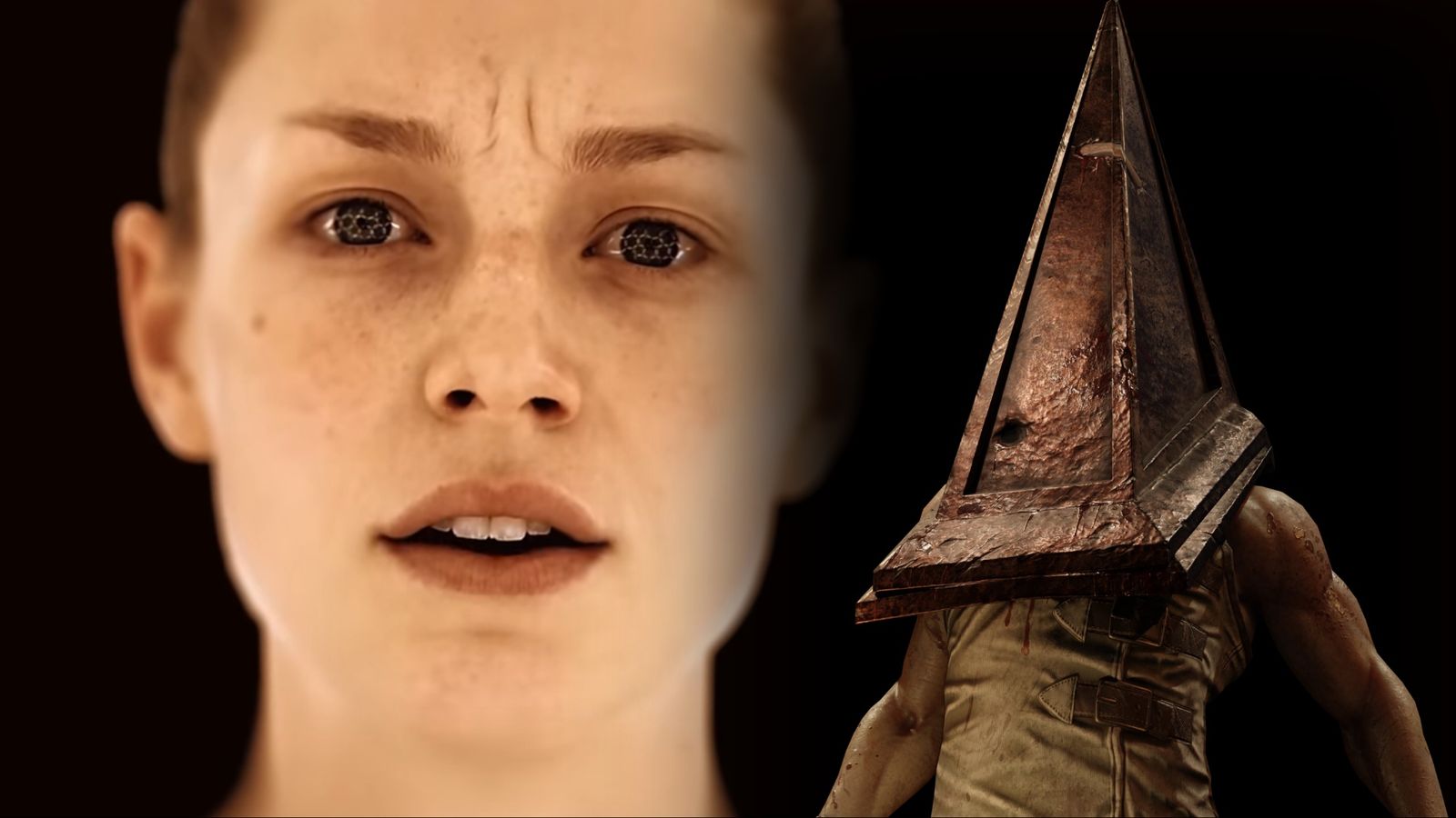 OD character looking concerned while Silent Hill character Pyramid head stands nearby
