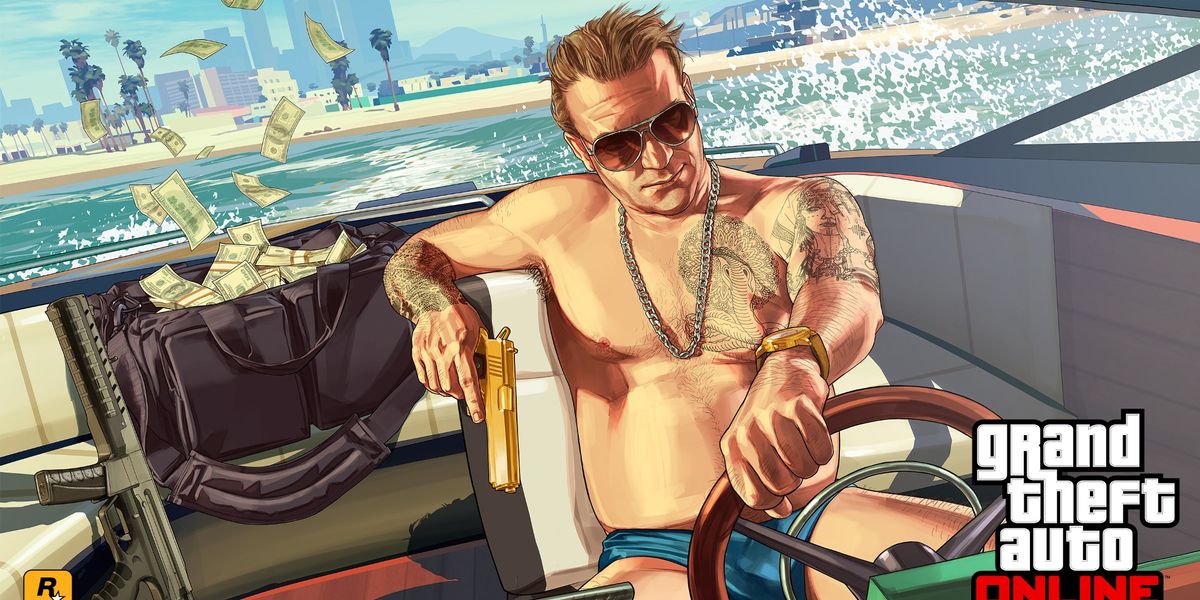 GTA Online Ill Gotten Gains official artwork. Man in speedboat holding golden gun and a bag of money is behind him. The money is flying everywhere.