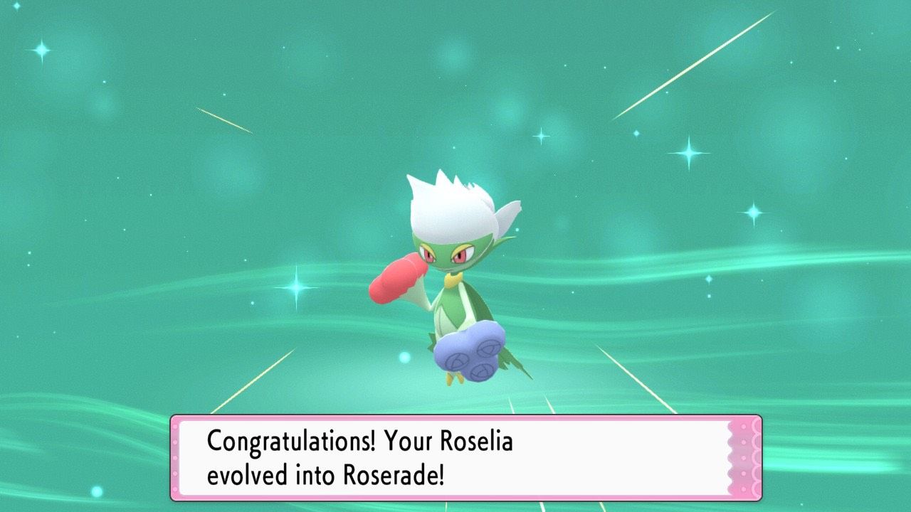 Roselia has evolved into Roserade, a strong grass and poison-type Pokémon in Pokémon Brilliant Diamond and Shining Pearl.