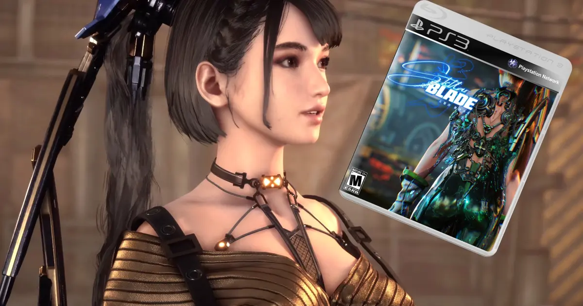 a side profile shot of Eve from Stellar Blade with a mockup PS3 game case next to her 