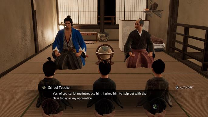 School Teacher: Yes, of course, let me introduce him. I asked him to help out with the class today as my apprentice. Global Fraud answers for Like a Dragon Ishin