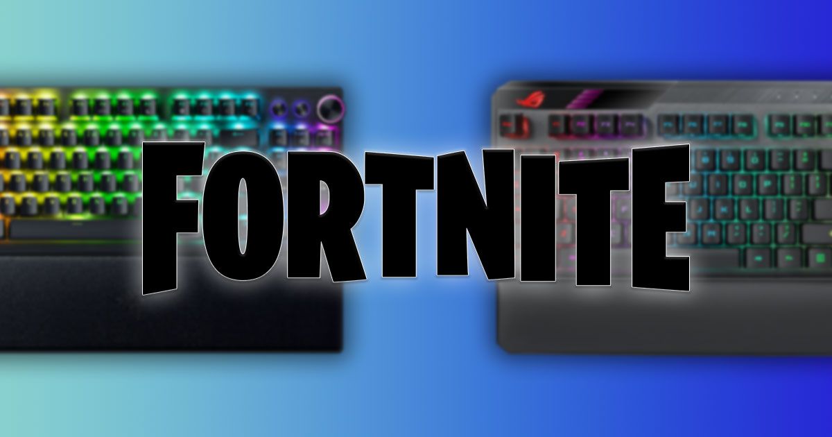 The Fortnite logo in black with a white glow around it in front of two black keyboards featuring RGB lighting.